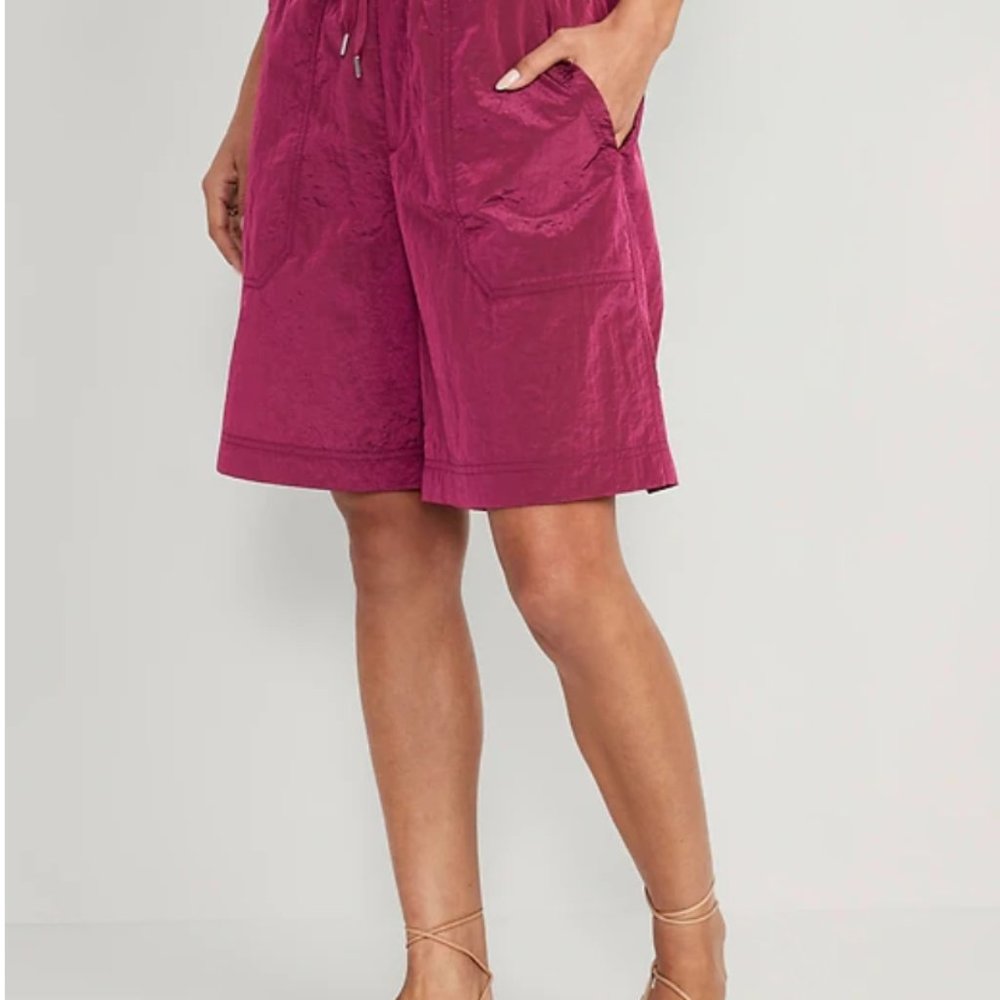 High-Waisted Shiny Nylon Bermuda Shorts for Women -- 11-inch inseam (eggplant)